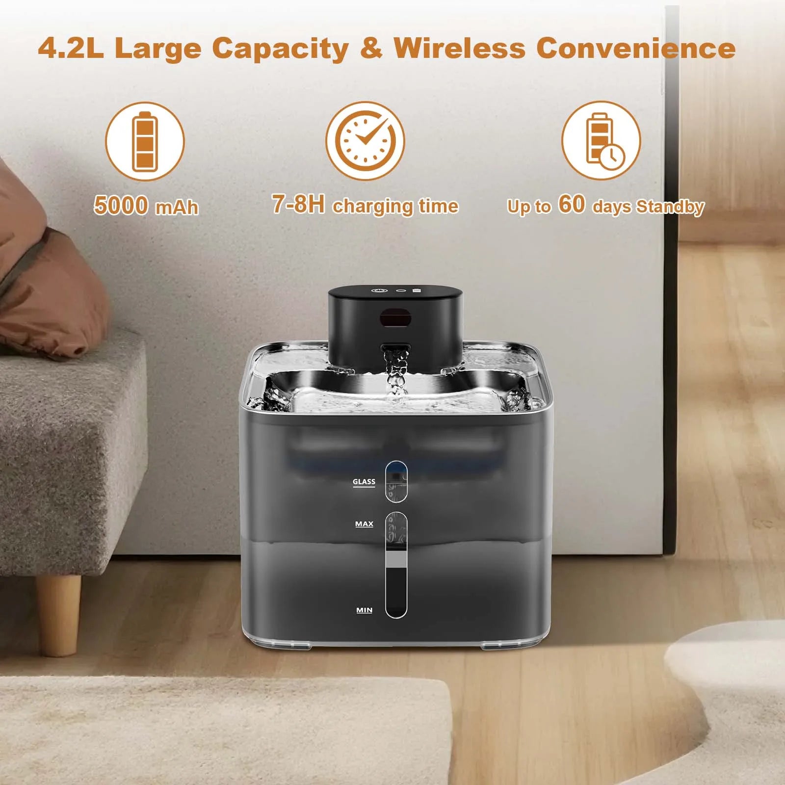 Rechargeable Wireless Quiet Pet Fountain, Stainless Steel