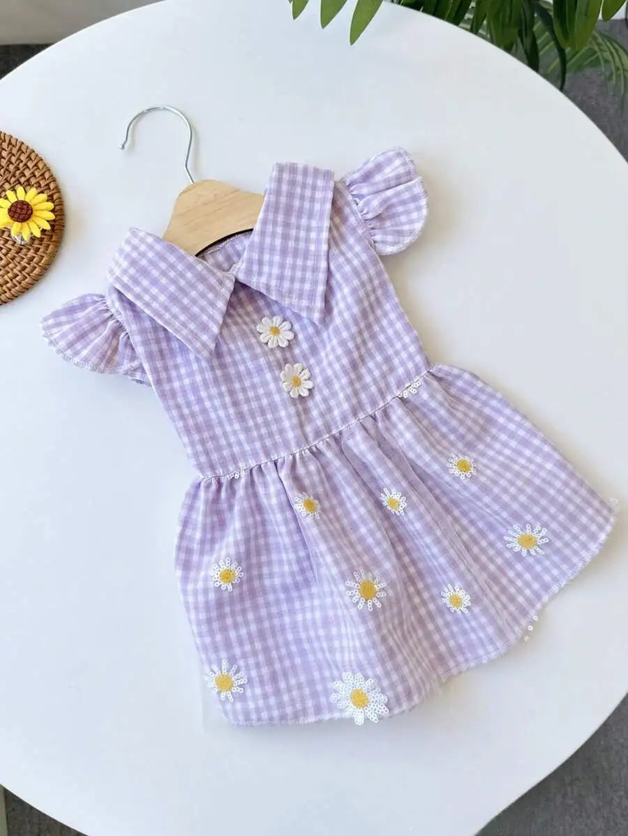 Yellow Embroidered Gingham Pet Dress