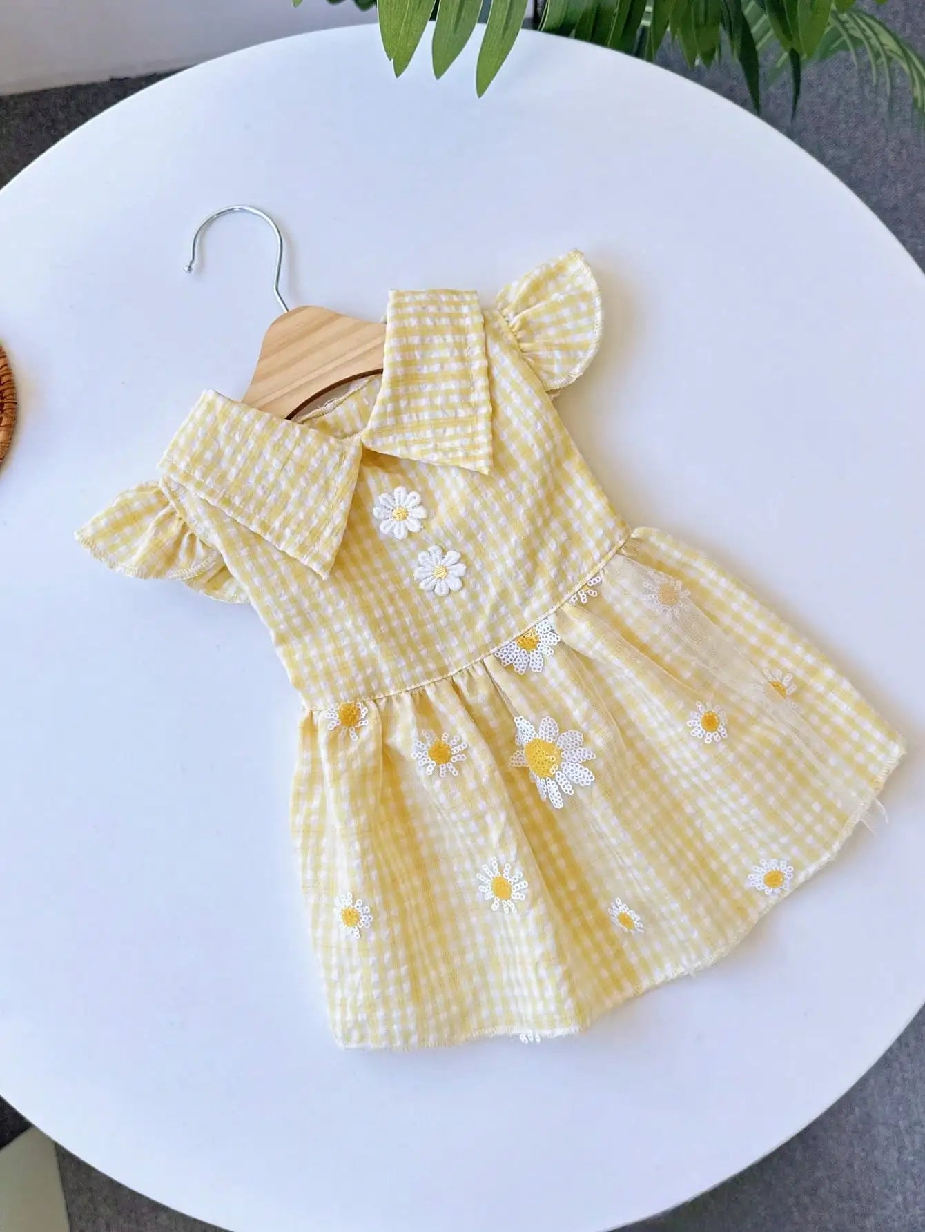 Yellow Embroidered Gingham Pet Dress