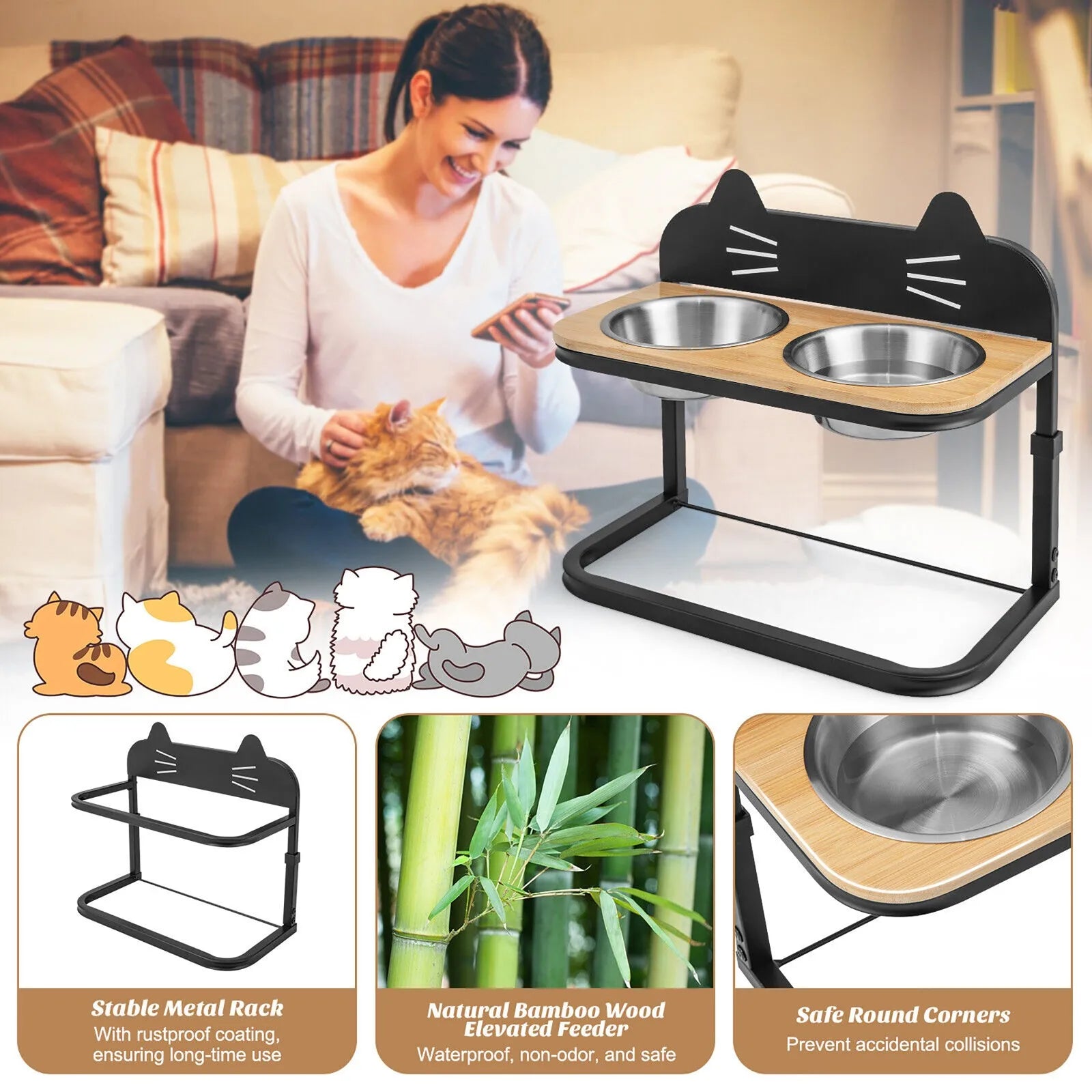 Elevated Cat Feeder with 2 Stainless Bowls
