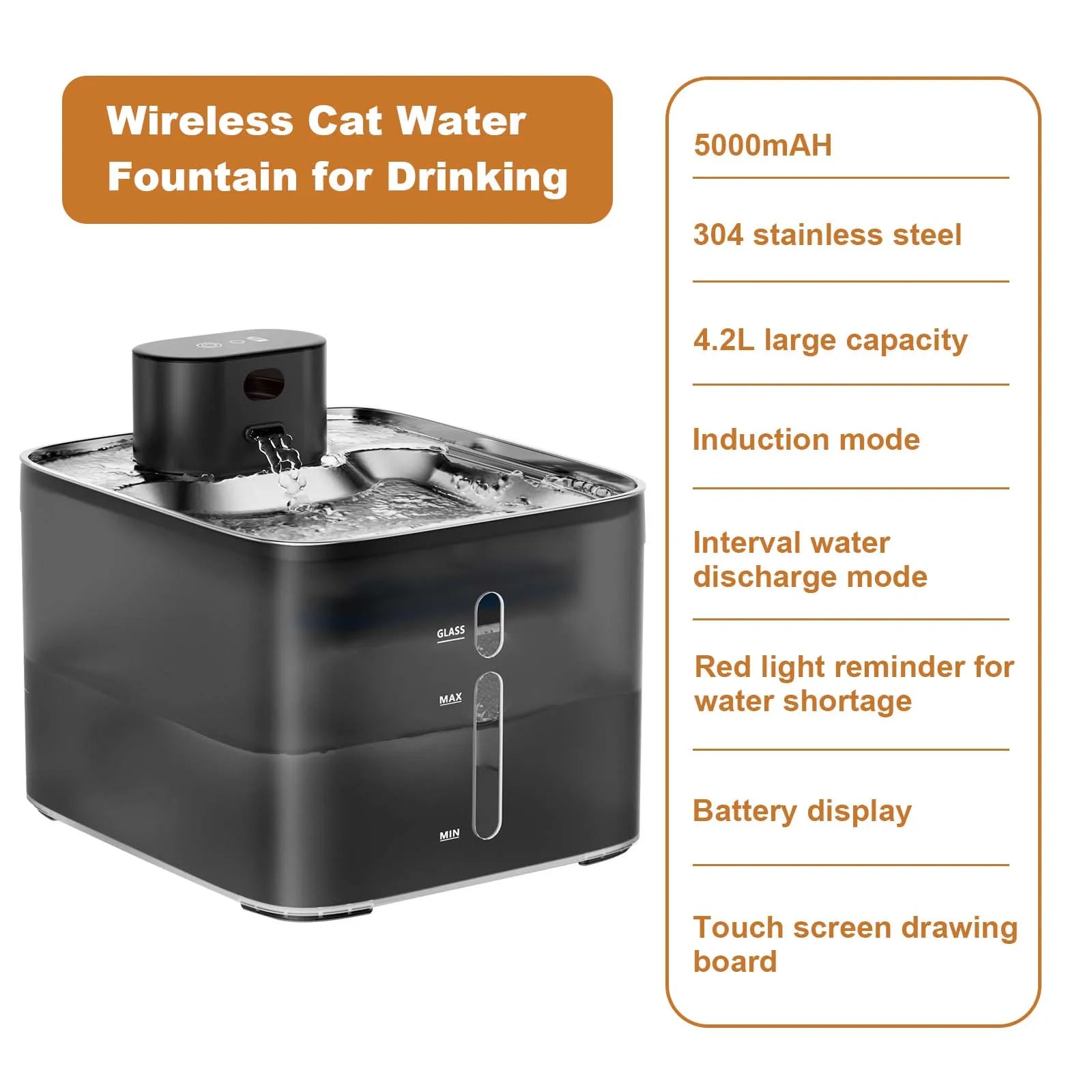 Rechargeable Wireless Quiet Pet Fountain, Stainless Steel